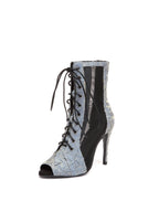 Blue Pleated Lace Up Ankle Heels Dance Boots