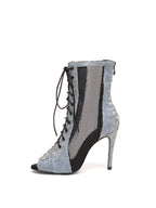 Blue Pleated Lace Up Ankle Heels Dance Boots