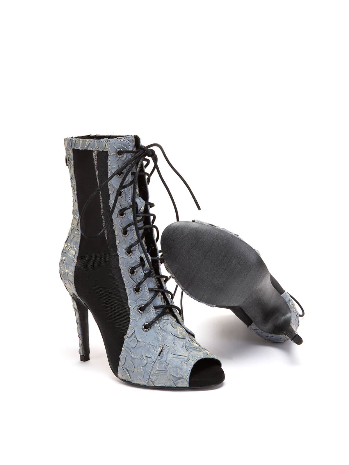 Blue Pleated Lace Up Ankle Heels Dance Boots