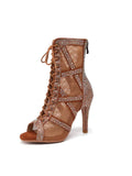Brown Heels Peep Toe Lace-up Boots