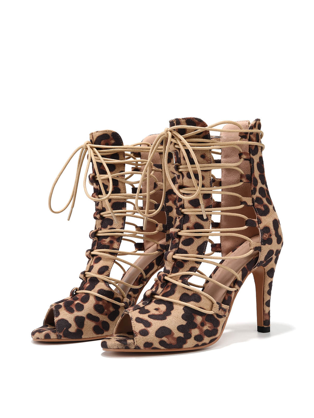 Brown Leopard Jazz Dance Heels Ankle Strap Boots