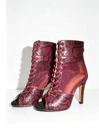 Dark Red Snakeskin PU Mesh Dance Boots