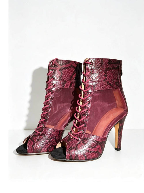 Dark Red Snakeskin PU Mesh Dance Boots