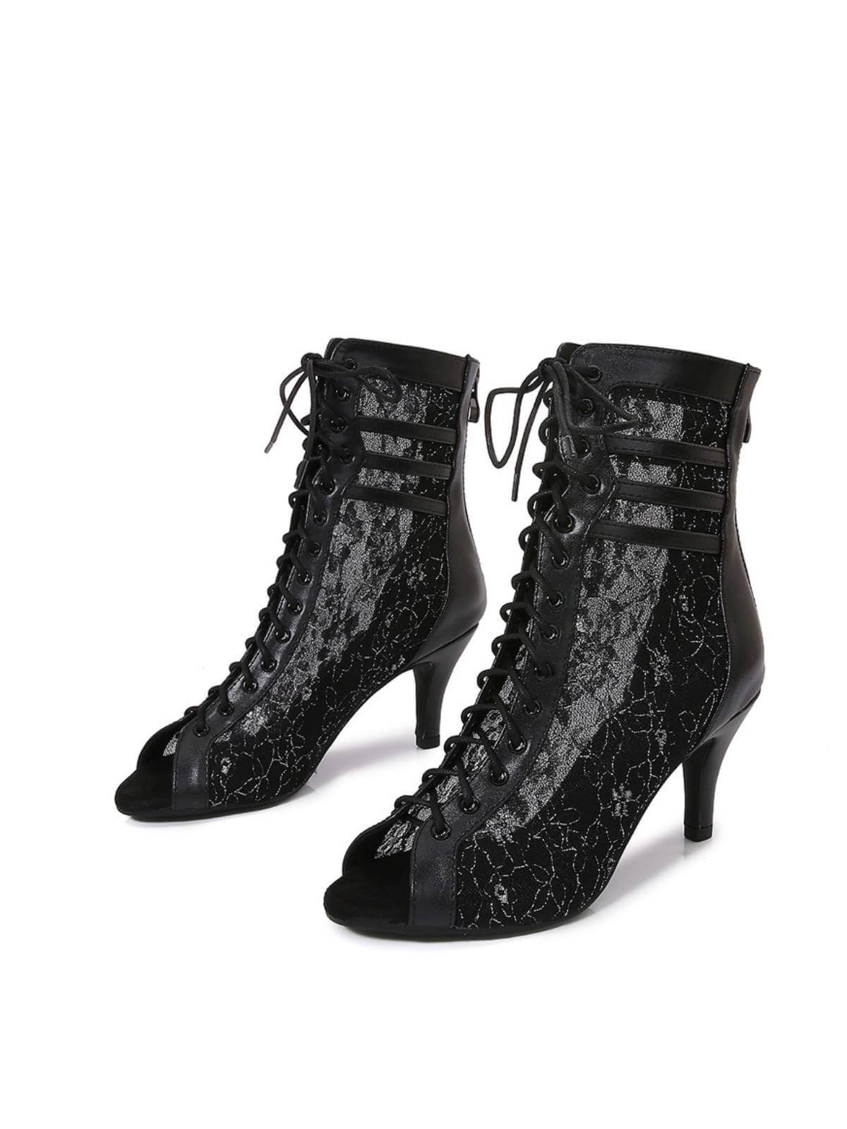 Black Lace Hollow Heels Boots