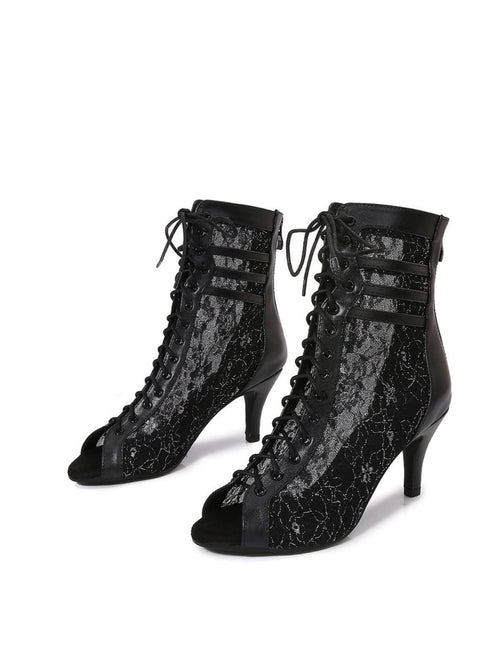 Black Lace Hollow Heels Boots