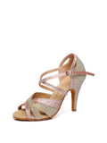 Pink Satin Rhinestone Peep Toe Latin Tango Shoes