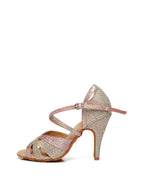 Pink Satin Rhinestone Peep Toe Latin Tango Shoes