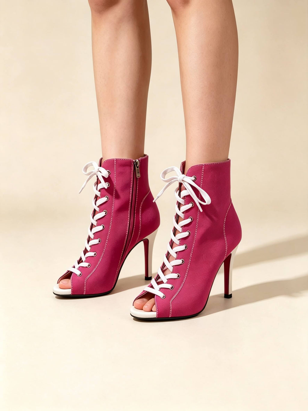 Red Canvas Lace-Up Sporty Stiletto Booties