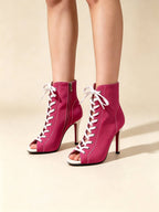 Red Canvas Lace-Up Sporty Stiletto Booties