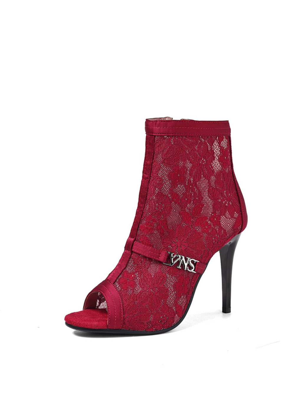 Red Flower Mesh Open-Toe Side Zip Heels