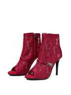 Red Flower Mesh Open-Toe Side Zip Heels
