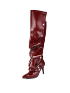 Red Pleated Knee-High Boots