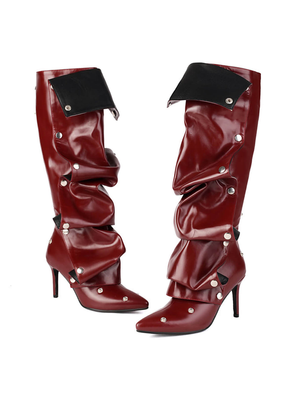 Red Pleated Knee-High Boots