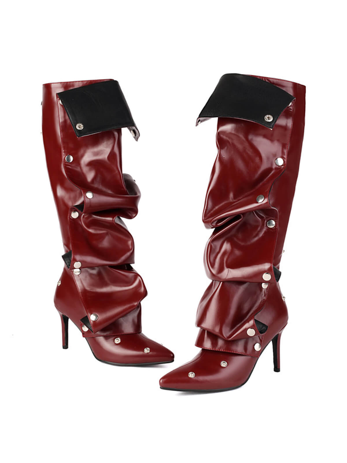 Red Pleated Knee-High Boots