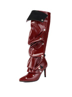 Red Pleated Knee-High Boots