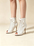 White Canvas Lace-Up Sporty Stiletto Booties