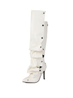 White Pleated Knee-High Boots