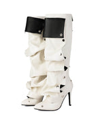 White Pleated Knee-High Boots