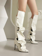 White Pleated Knee-High Boots