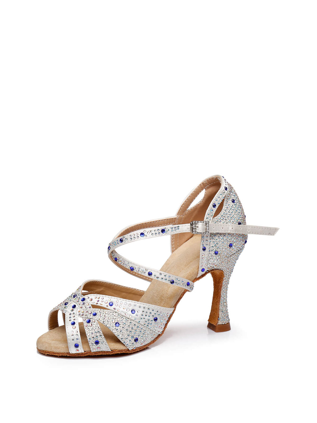 White Satin Rhinestone Peep Toe Latin Tango Shoes