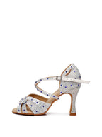 White Satin Rhinestone Peep Toe Latin Tango Shoes