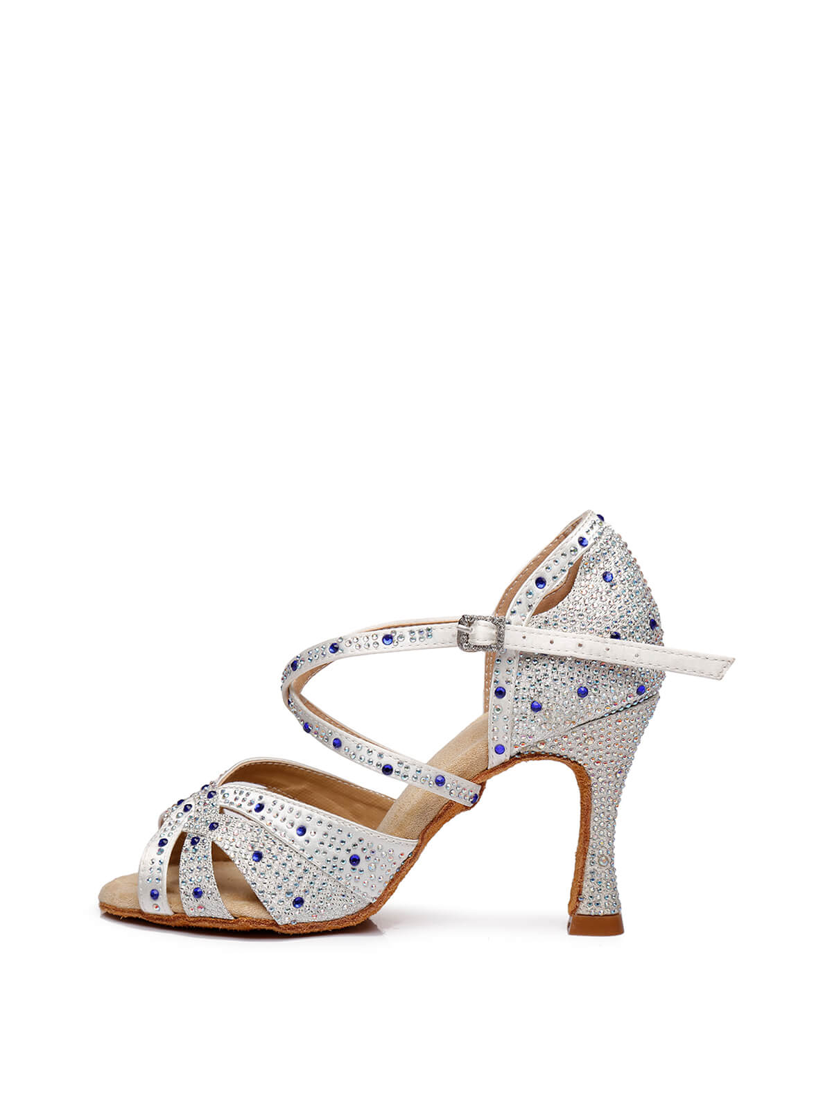 White Satin Rhinestone Peep Toe Latin Tango Shoes