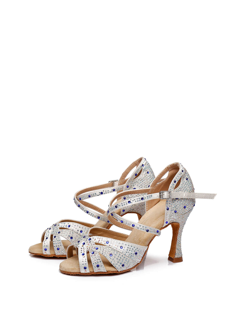 White Satin Rhinestone Peep Toe Latin Tango Shoes