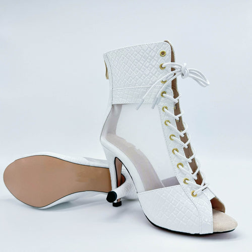 White Snakeskin PU Mesh Dance Boots