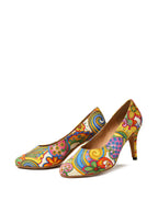 Yellow Printed Satin Pumps